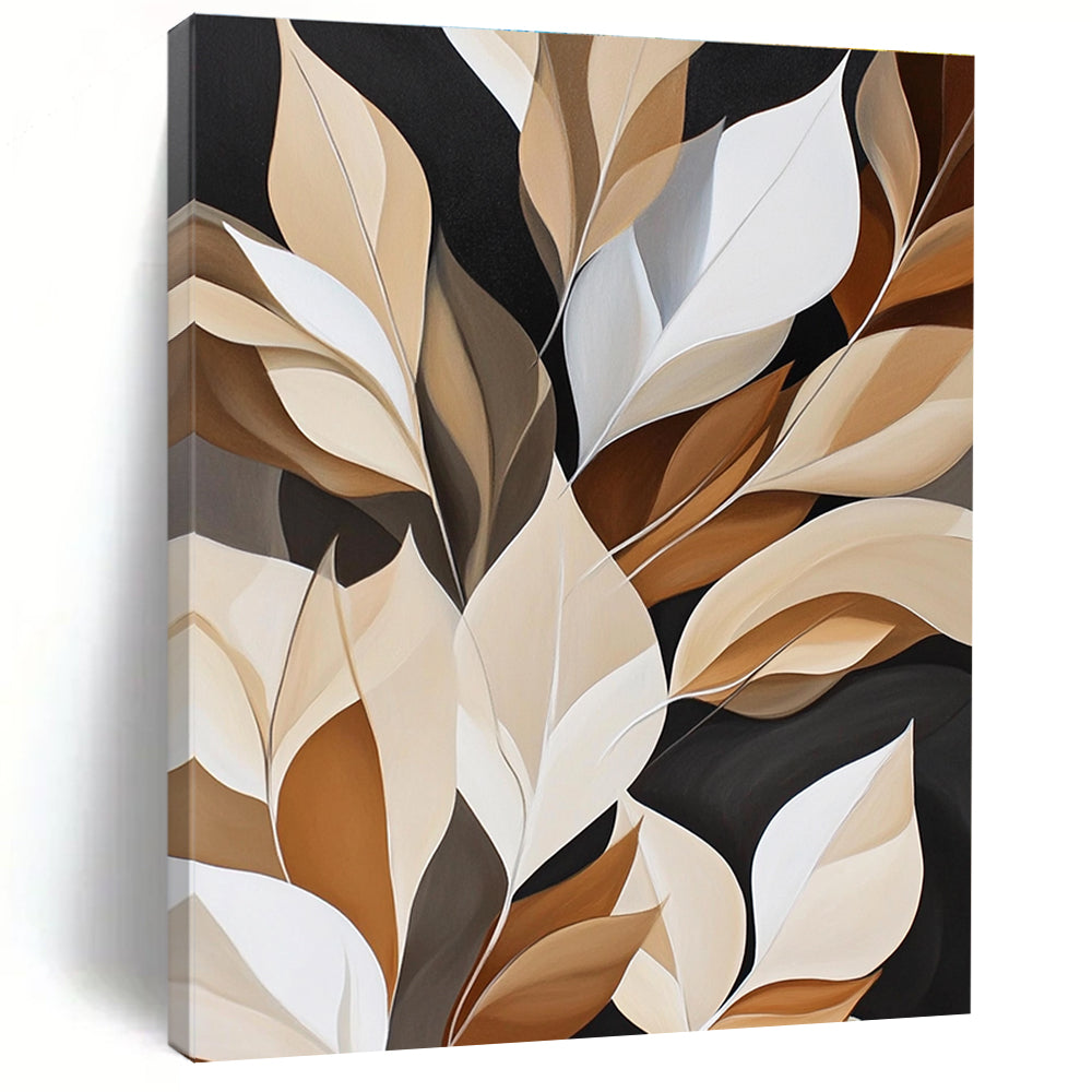 Abstract painting featuring white leaves on a rich brown and black background with geometric shapes for luxurious wall hanging.STSC367