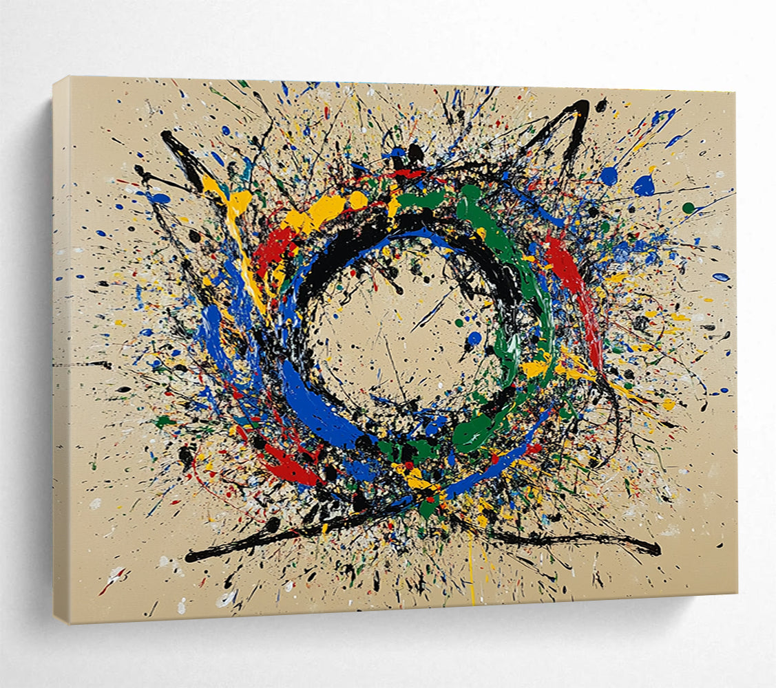 A large abstract painting featuring a circular splash pattern in blue red green yellow and black on a beige background.SC331