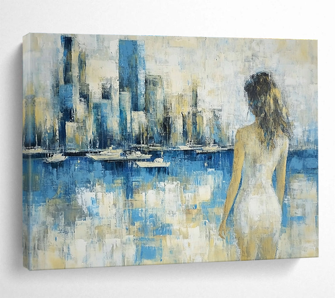 Large abstract painting of a vibrant cityscape in textured gold blue purple and red with impasto strokes and palette knife techniques.SC356