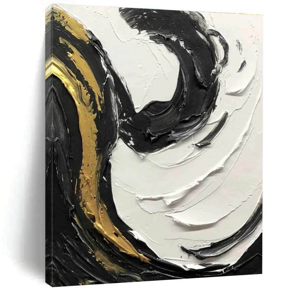 Gold - Accented Black and White Textured Swirl Abstract Painting ADGE381