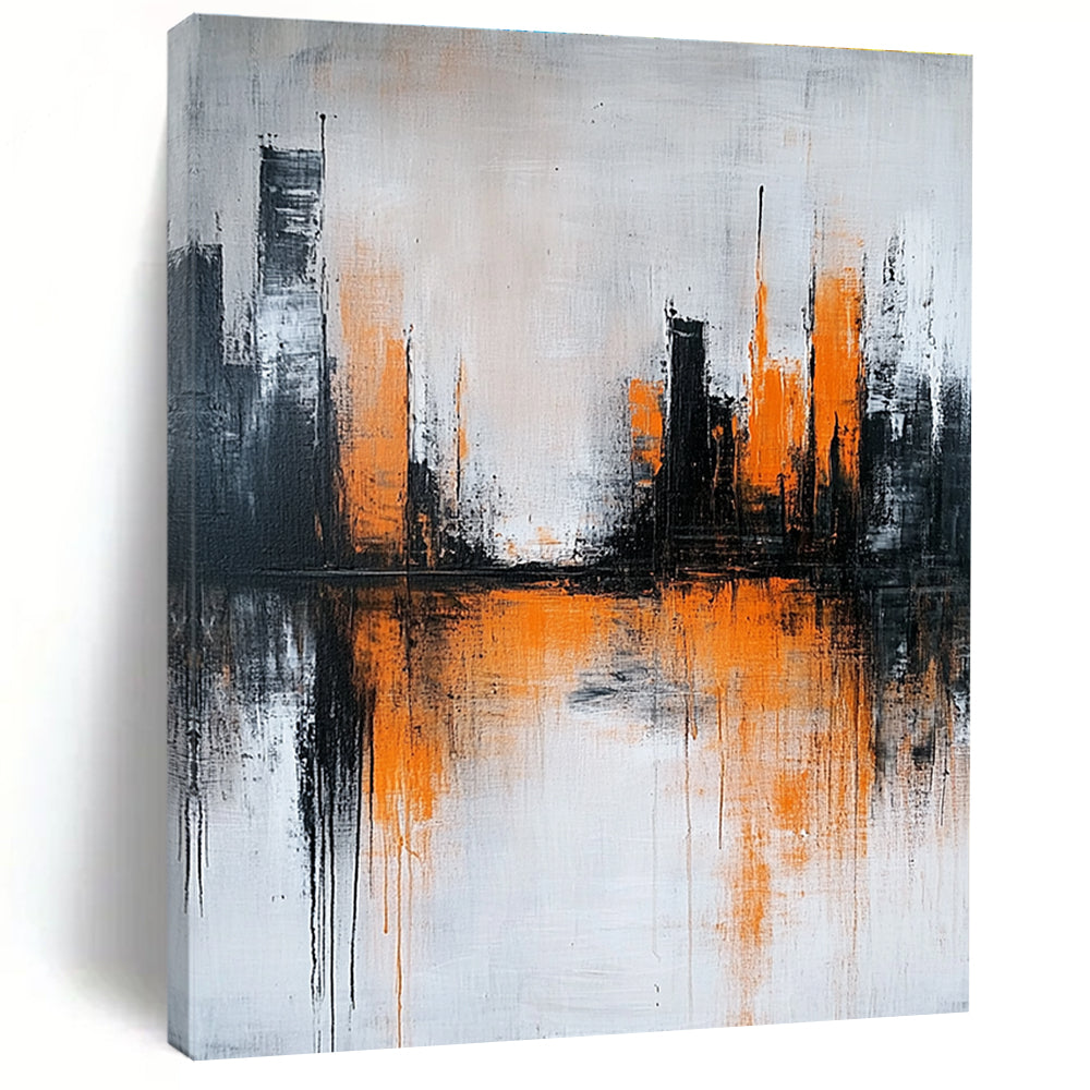 Large abstract painting featuring gray and white background with orange brushstrokes and urban landscape silhouette reflecting on water surface.STSC225