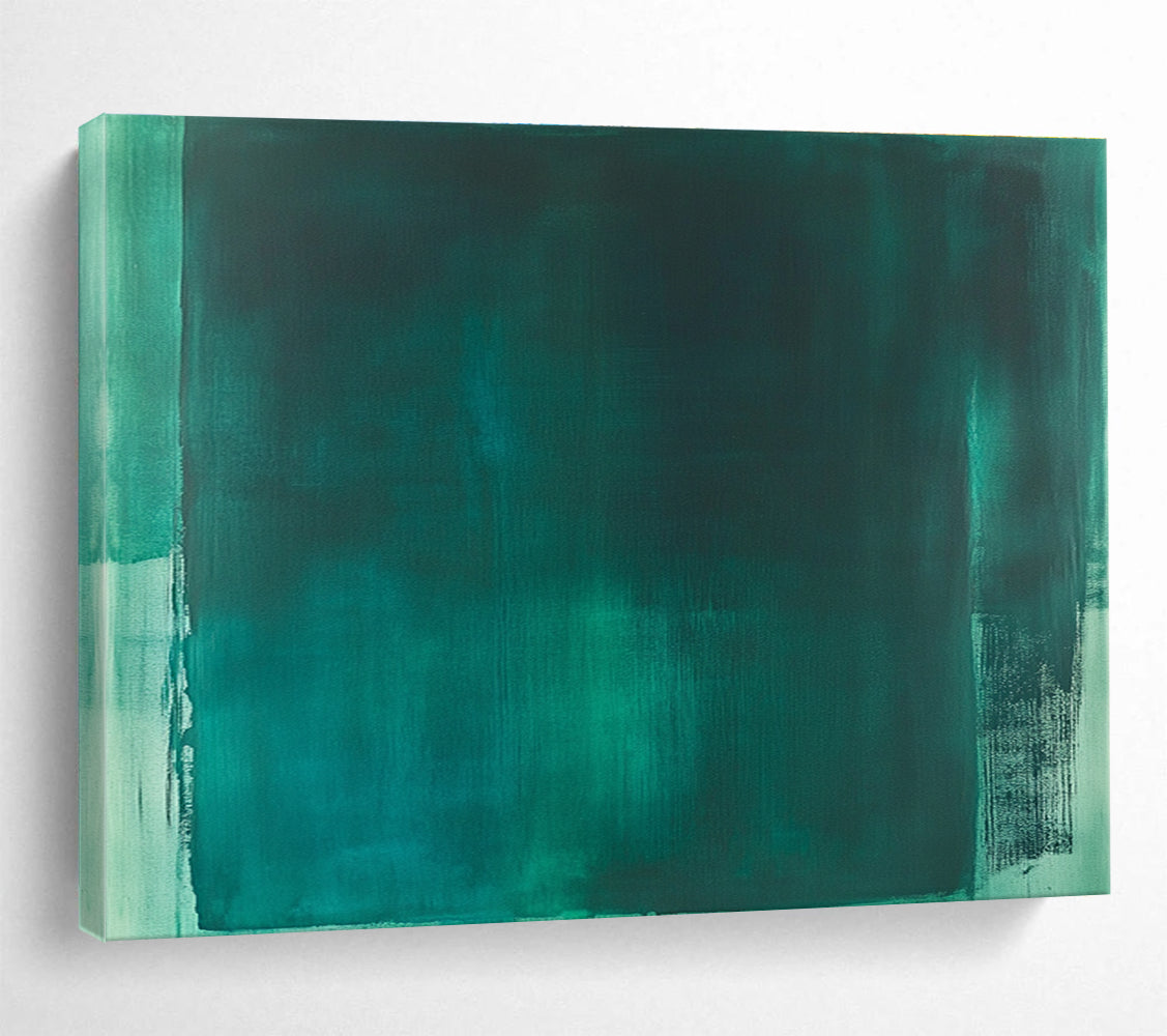 Large abstract painting featuring emerald green and teal, with loose brush strokes and a minimal monochromatic palette in the style of Mark Rothko.SC233