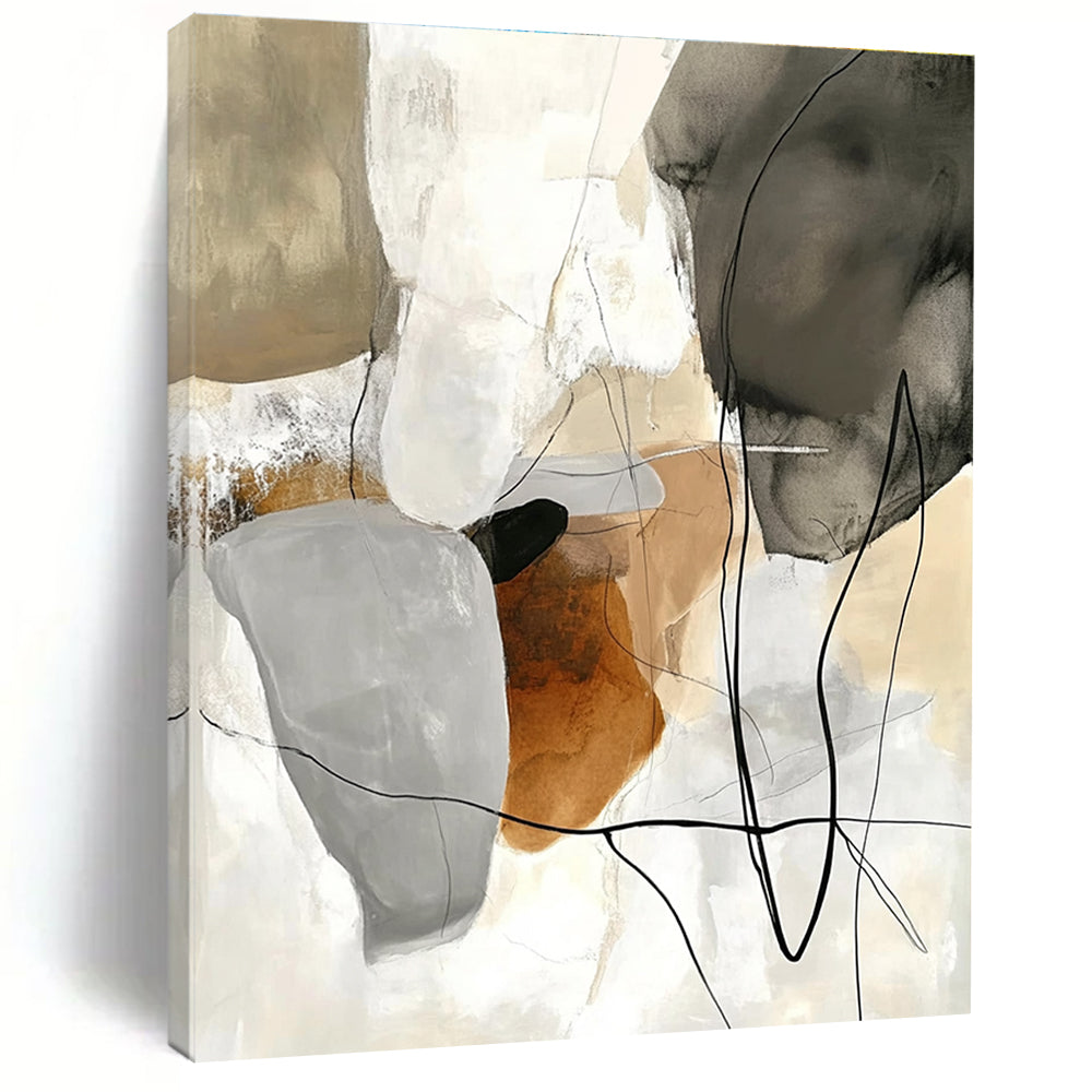 Large abstract painting featuring soft lines and shapes in beige tones with collage elements of black wires and organic textures in dark brown and light gray.STSC798