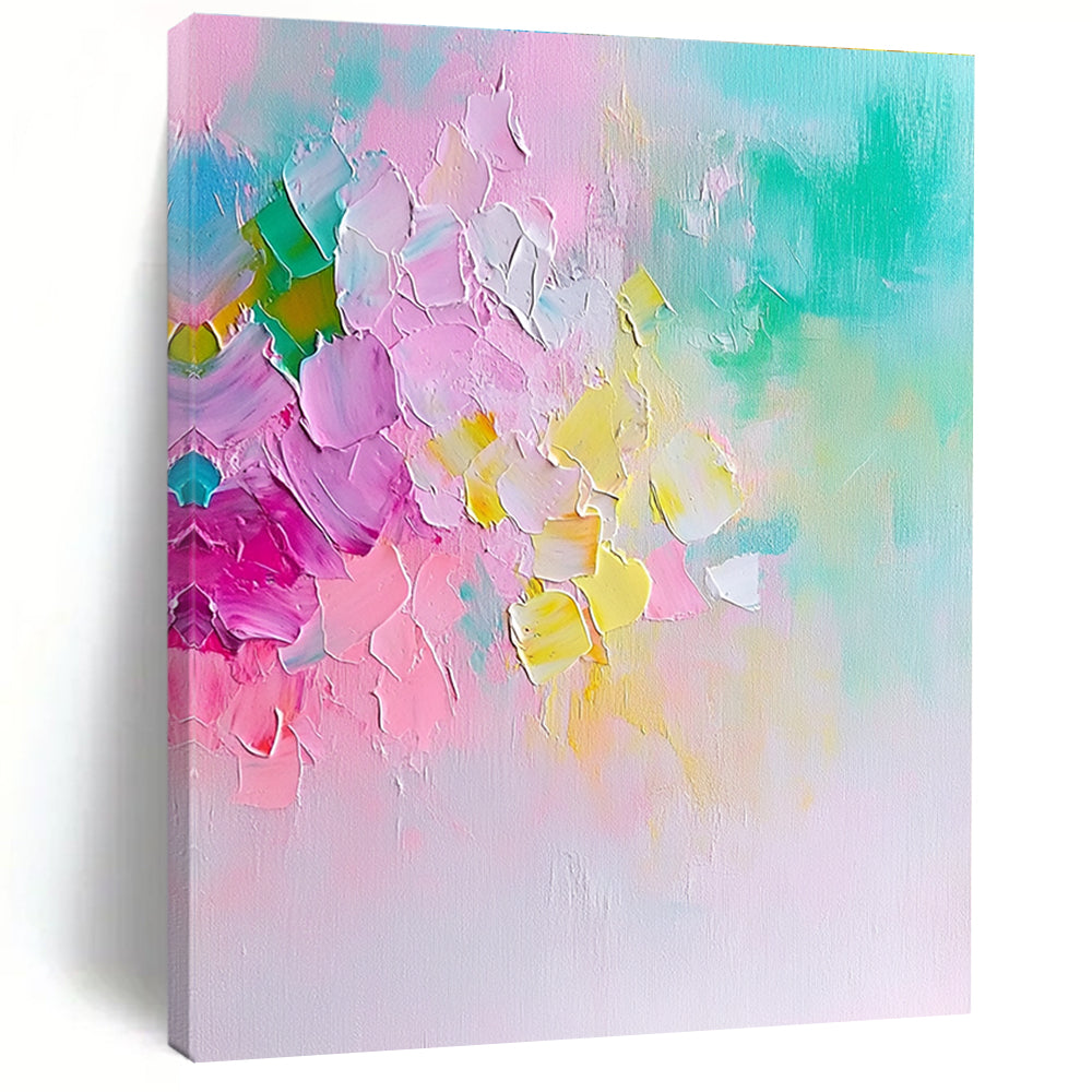 Large abstract painting in pastel colors featuring a floral composition with soft brush strokes and a dreamy springtime atmosphere.STSC442