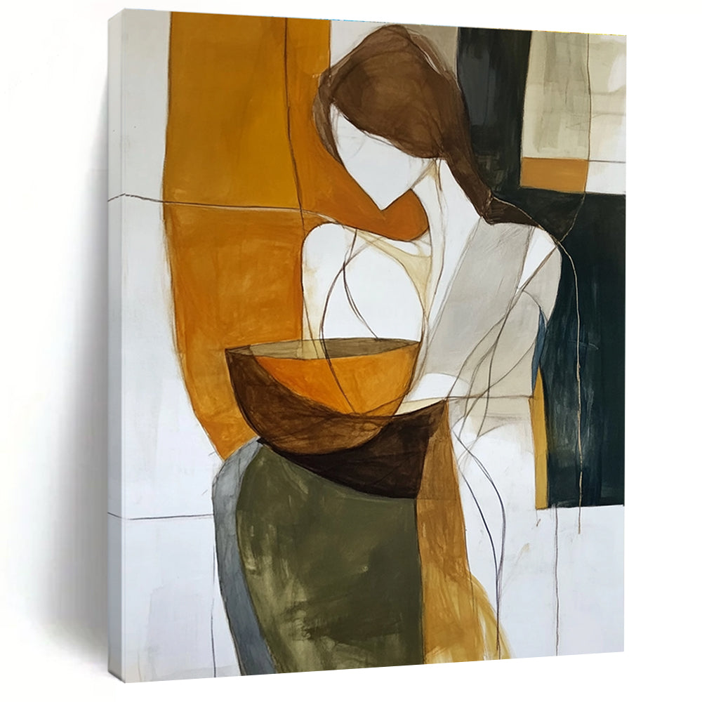 Large abstract painting of an androgynous figure enveloping an earthenware bowl in rich earth tones against a dark white background.STSC299