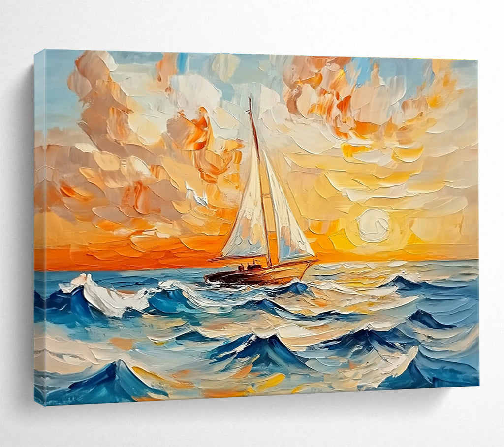 Sailboat Sunset Sea - Textured Seascape Abstract Painting DYP011