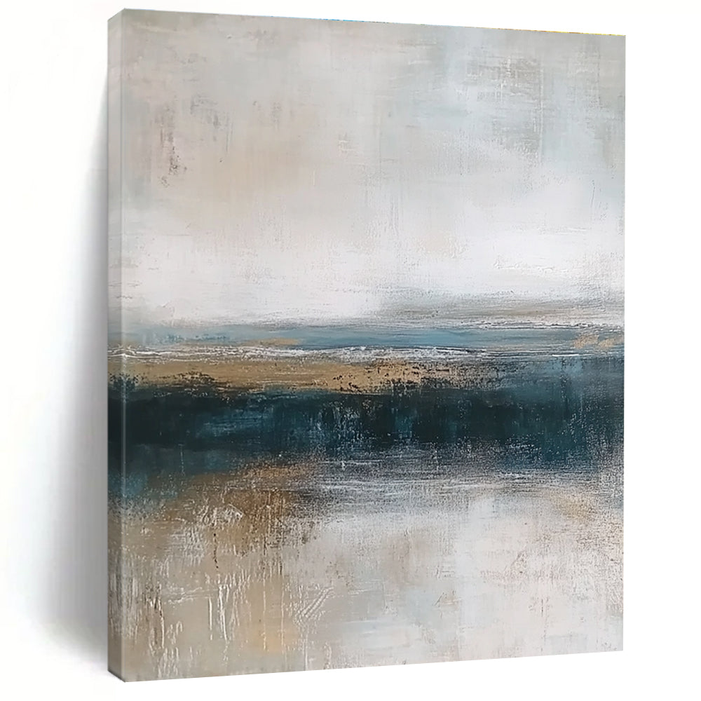 Large abstract painting depicting textured ocean waves in blue and gray with a soft beige sky and earthy shore tones for a tranquil ambiance.STSC463