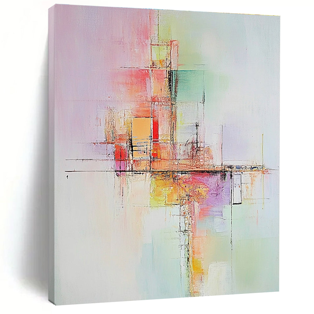 Large abstract painting with soft pastel colors depicting abstract buildings conveying calmness and dynamic balance enhanced by warm tones and textures.STSC803
