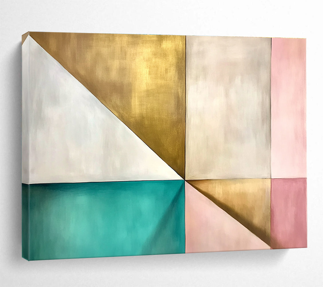 A large abstract painting featuring geometric shapes in white with light brown tones and hints of pale yellow, inspired by Japandi and James Turrell.SC504