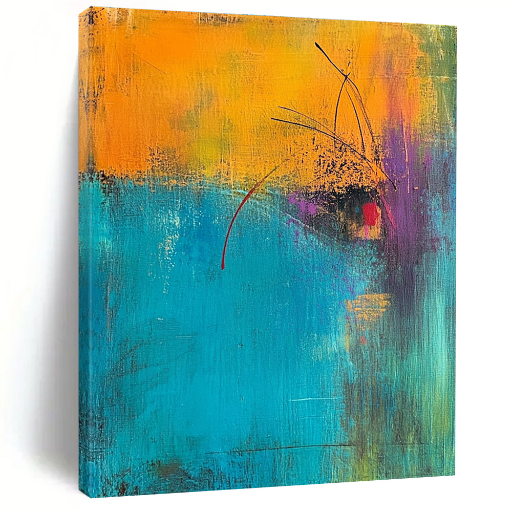 Abstract painting featuring a turquoise and amber background with magenta highlights and an orange foreground accented in yellow green and blue.STSC405