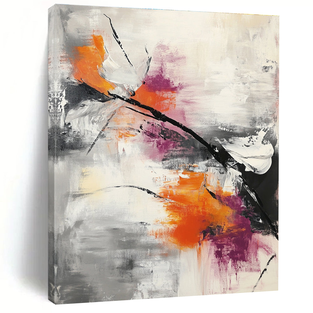 Large abstract painting featuring thick brushstrokes and splashes in gray white orange and pink with dynamic movement and modern depth.STSC817