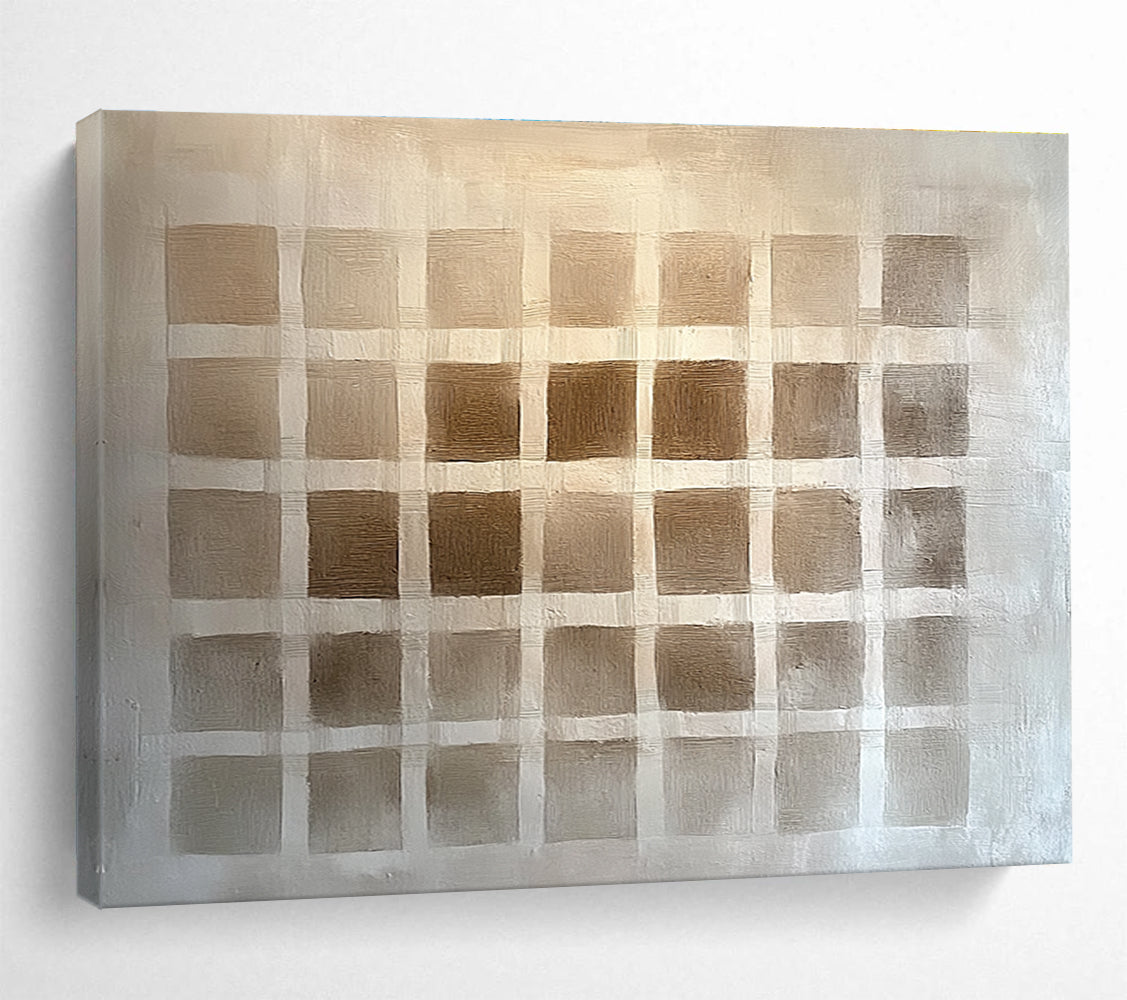 Large abstract painting featuring a symmetrical grid in brown shades, resembling woven fabric, with subtle shading for depth and texture.SC530