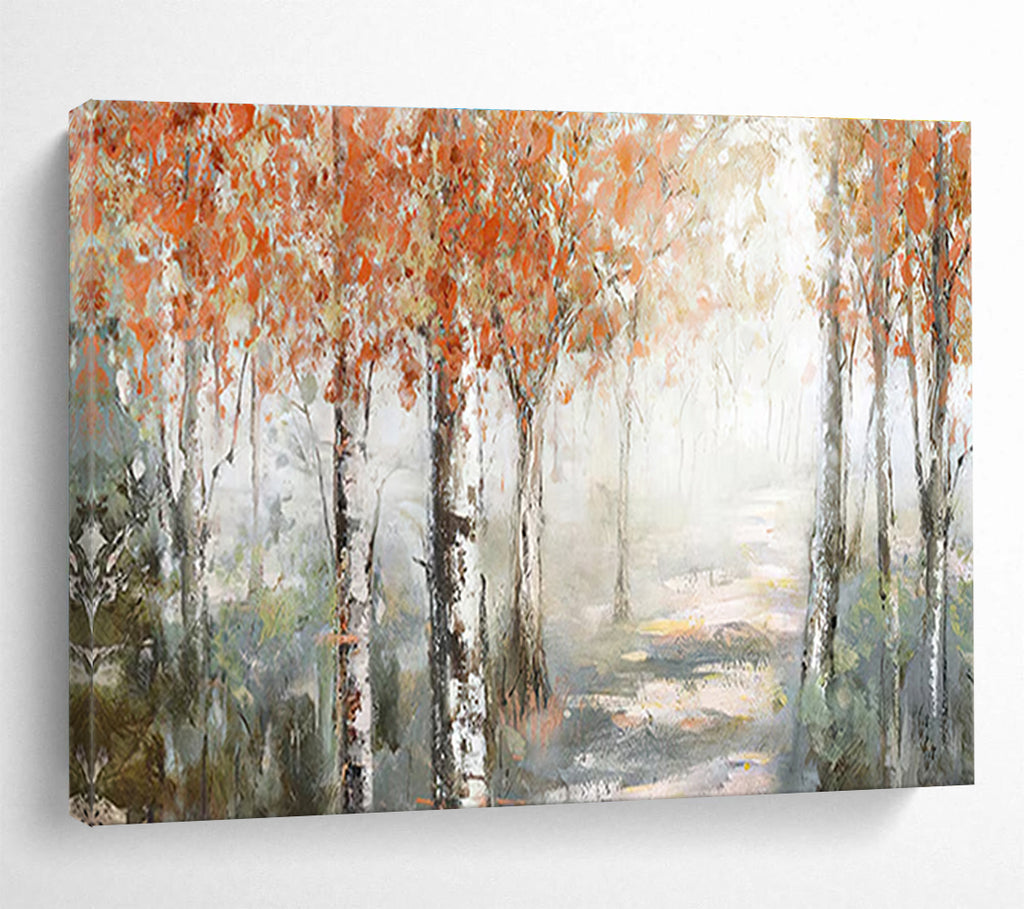 Autumn Birch Forest Path Abstract Painting with Orange, Grey, and Green Tones THY222
