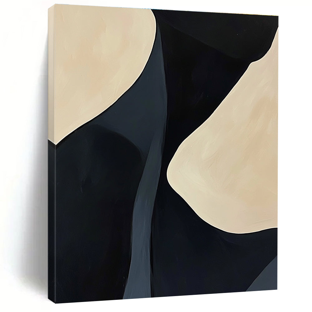 A large abstract painting featuring black and cream feminine curves with organic lines creating a calming effect on a light background.STSC609