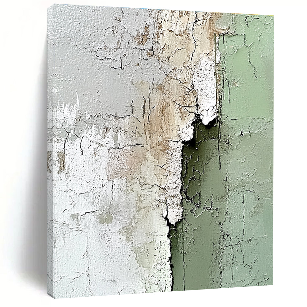 Large abstract painting with impasto texture in sage green and white showcasing peeling paint details for a unique artistic touch.STSC384