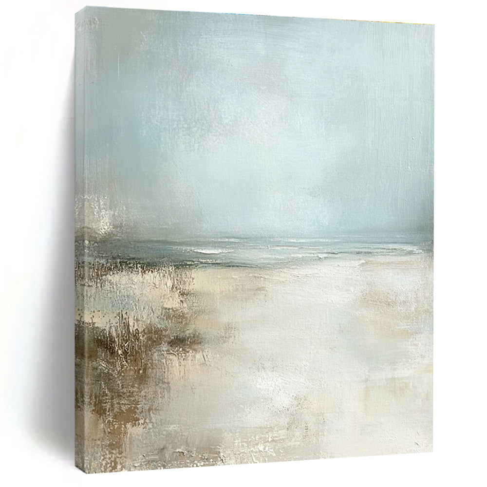 Large abstract painting featuring a serene pale blue sky and sandy beach in neutral colors for a calming ambiance.STSC095