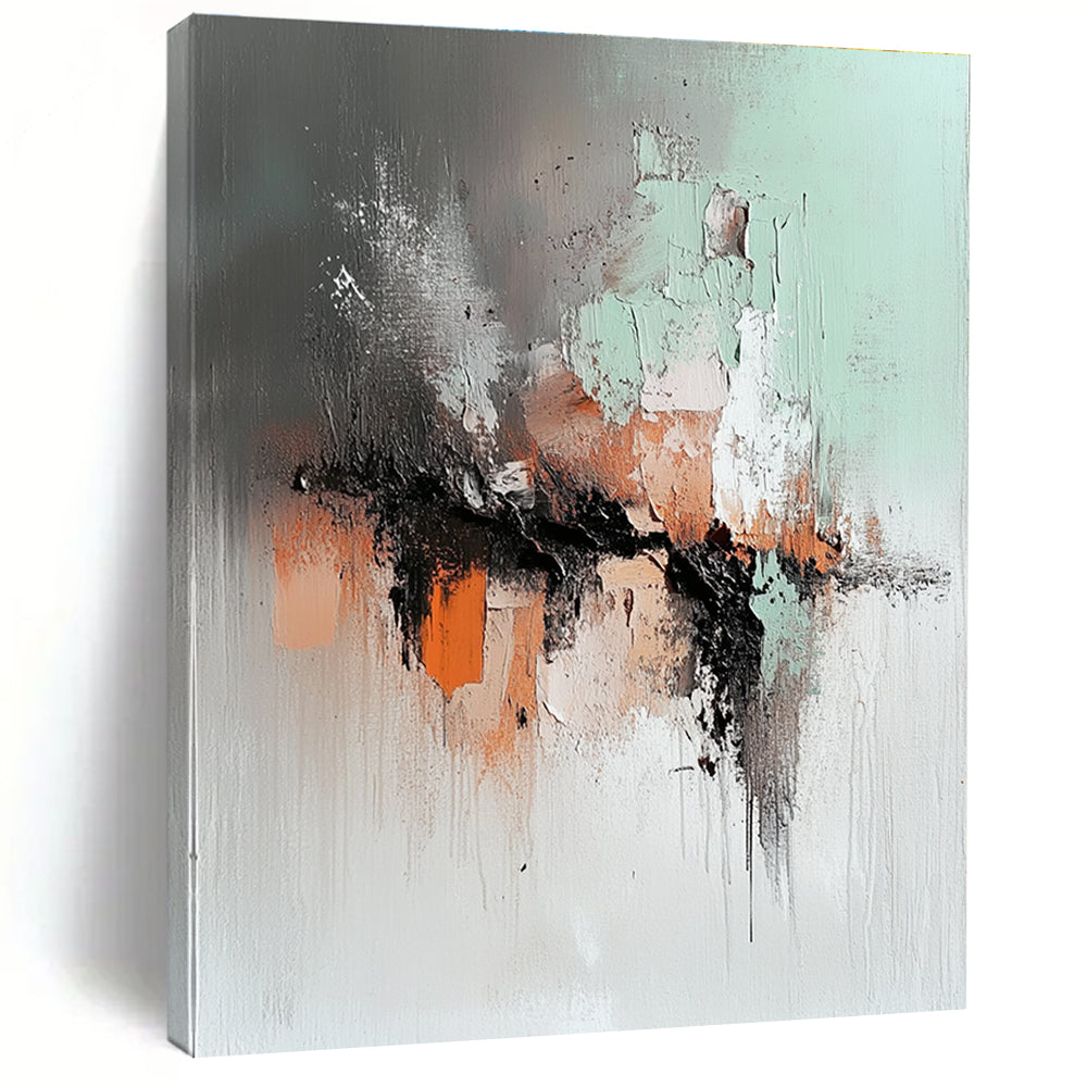 Large abstract painting featuring soft gray mint green and rust orange with a dark brown lava flow and a blurred silhouette walking away.STSC795