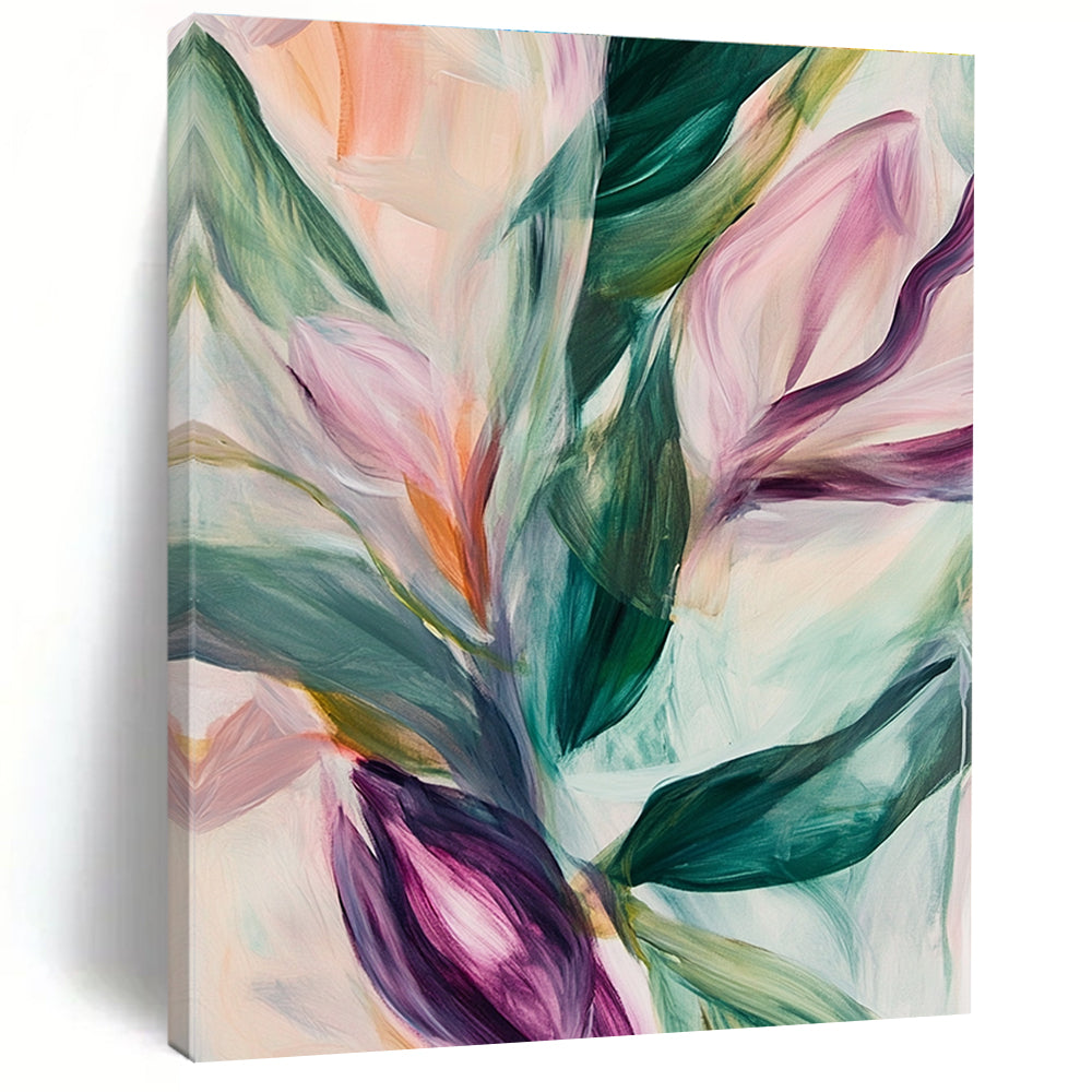 Large abstract painting featuring soft pastel leaves and flowers in neutral tones set against a blurred white background.STSC314