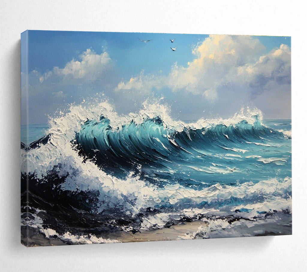 Crashing Waves at Sea Impasto Abstract Painting with Turquoise Blues DYP599