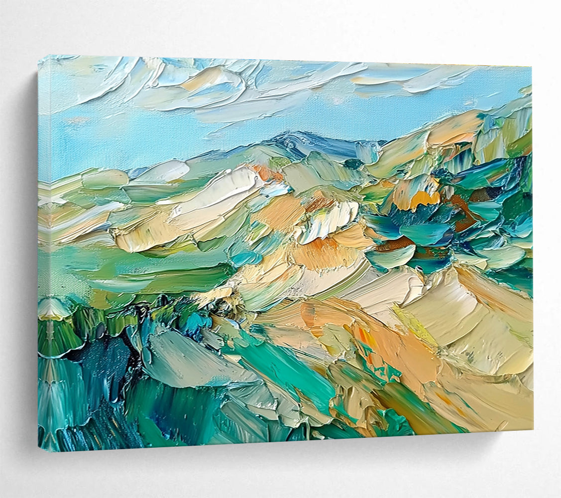 Textured Mountain Landscape Abstract Painting with Green Blue and Beige DYP287