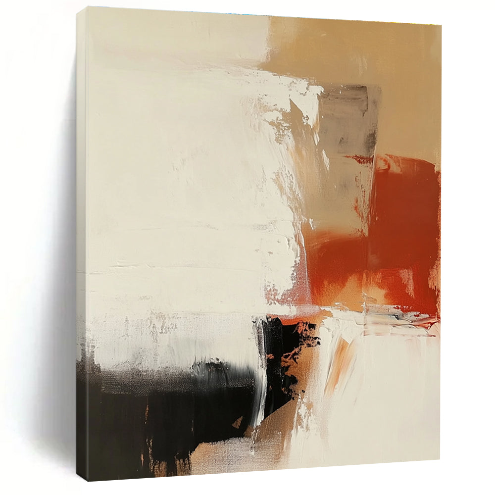 Large abstract painting features earthy tones and white space with thick brush strokes and a soft minimalistic aesthetic perfect for modern decor.STSC750