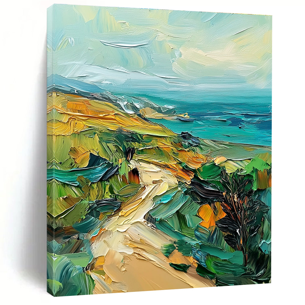 Large abstract painting featuring green hills and teal sea using palette knife technique on canvas with rich texture and vibrant colors.STSC082