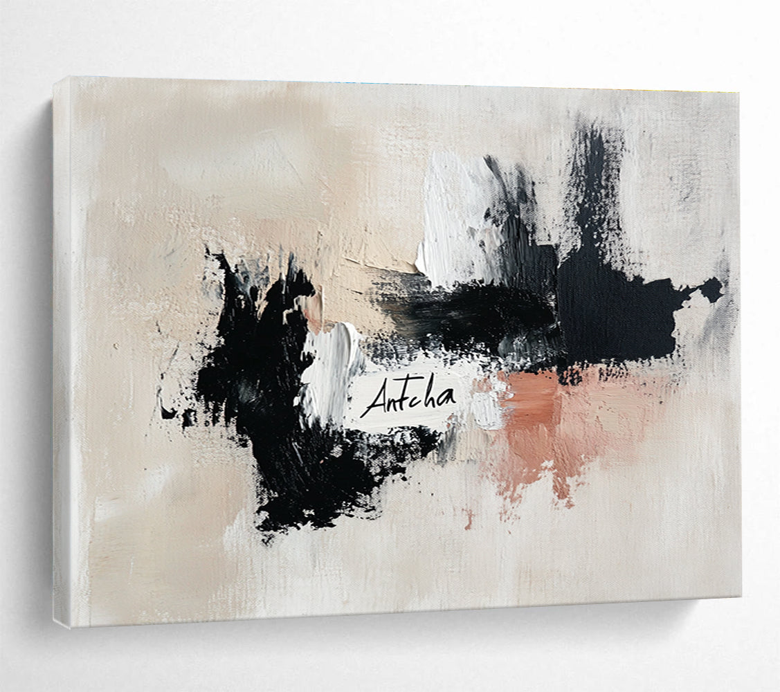 Large abstract painting featuring the word Antcha in soft black and white strokes with dynamic brushwork in a harmonious palette of gray and warm tones.SC311