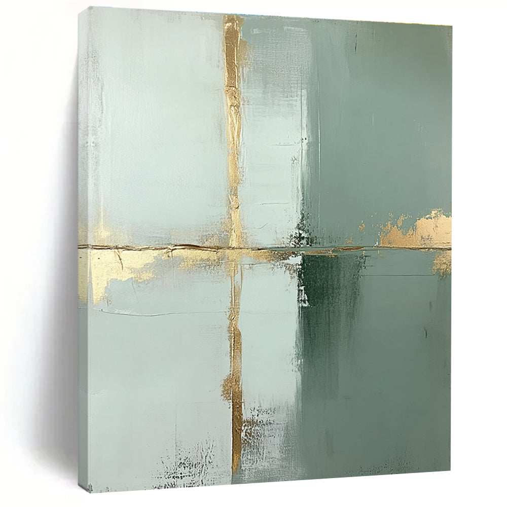 Large abstract painting featuring pale green and white blocks accented with thin gold lines and gold foil accents in a minimalist style.STSC428