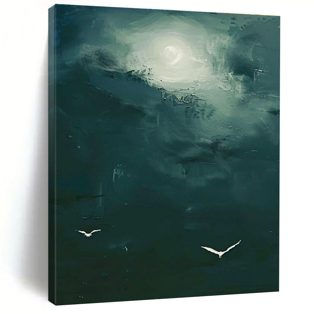 Green Sky with Birds Abstract Painting with Mysterious Light ADGE508
