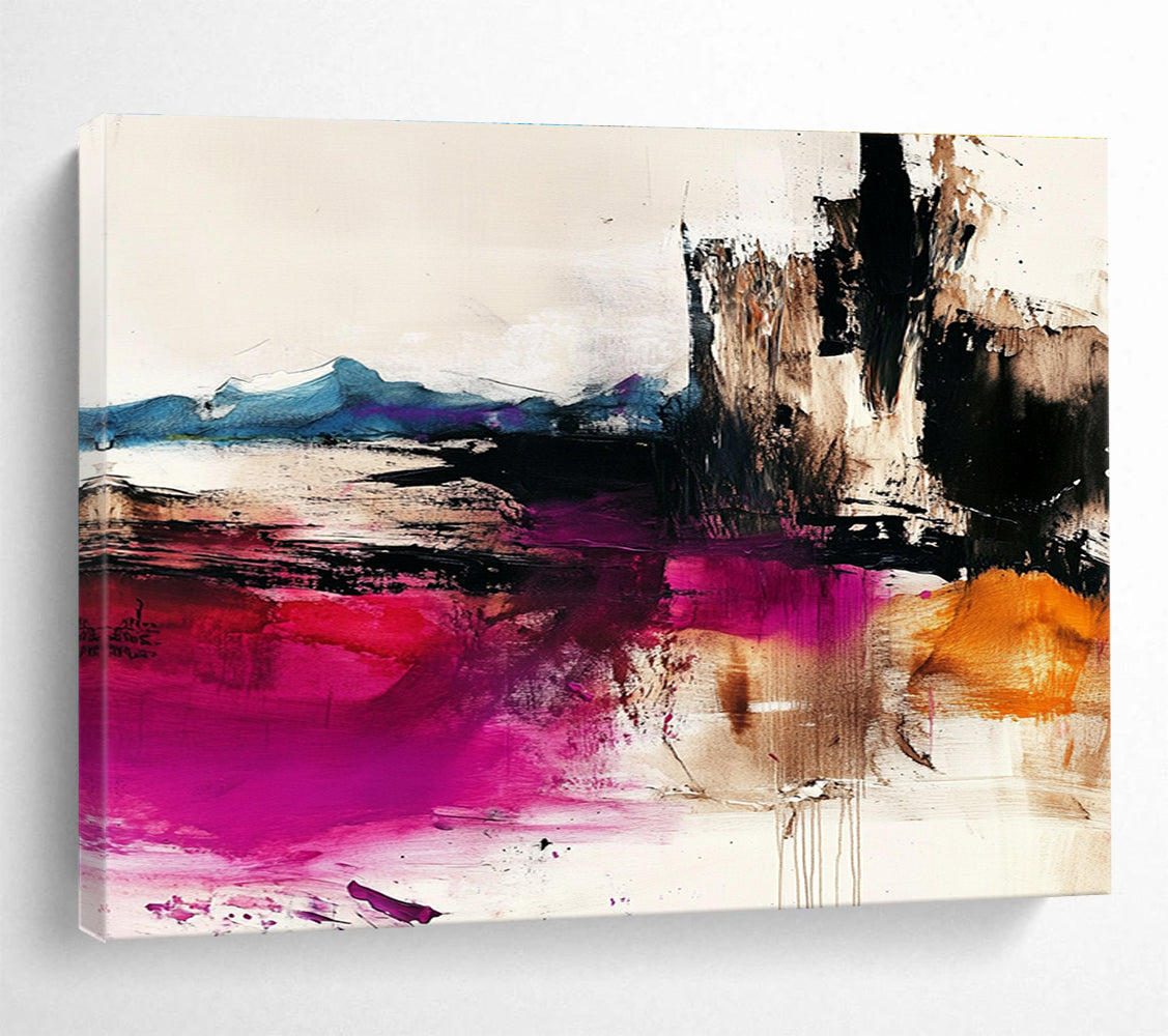 Large abstract painting depicting the desert with dark whites light beiges colorful ink washes and bold brushstrokes in high-resolution detail.SC046