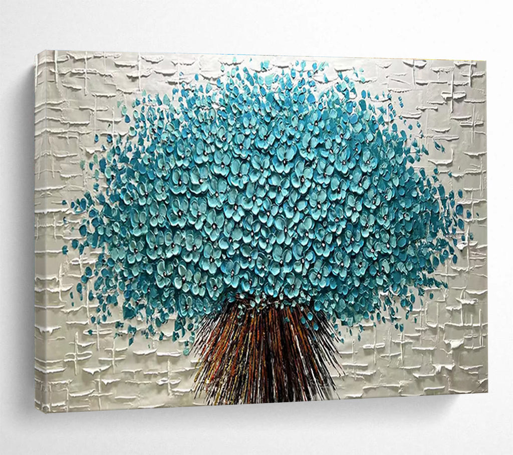 Blue Flower Tree Abstract Painting with Blue, Green, and Brown Tones THY213