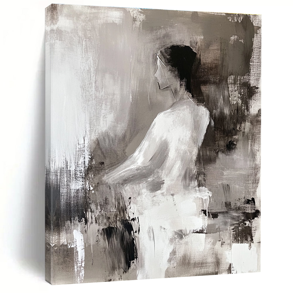Large abstract painting of a woman in white featuring deconstructed tailoring and fluid simplicity with atmospheric perspective in light gray and dark brown.STSC673