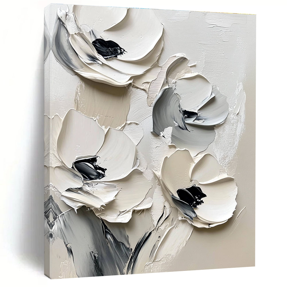 Large abstract painting featuring white flowers on a white background with black brush strokes and thick impasto paint in muted tones.STSC512