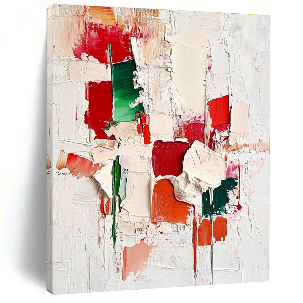 Large abstract painting with red green and white impasto textures showcasing intricate cityscape patterns on an off-white background.STSC327