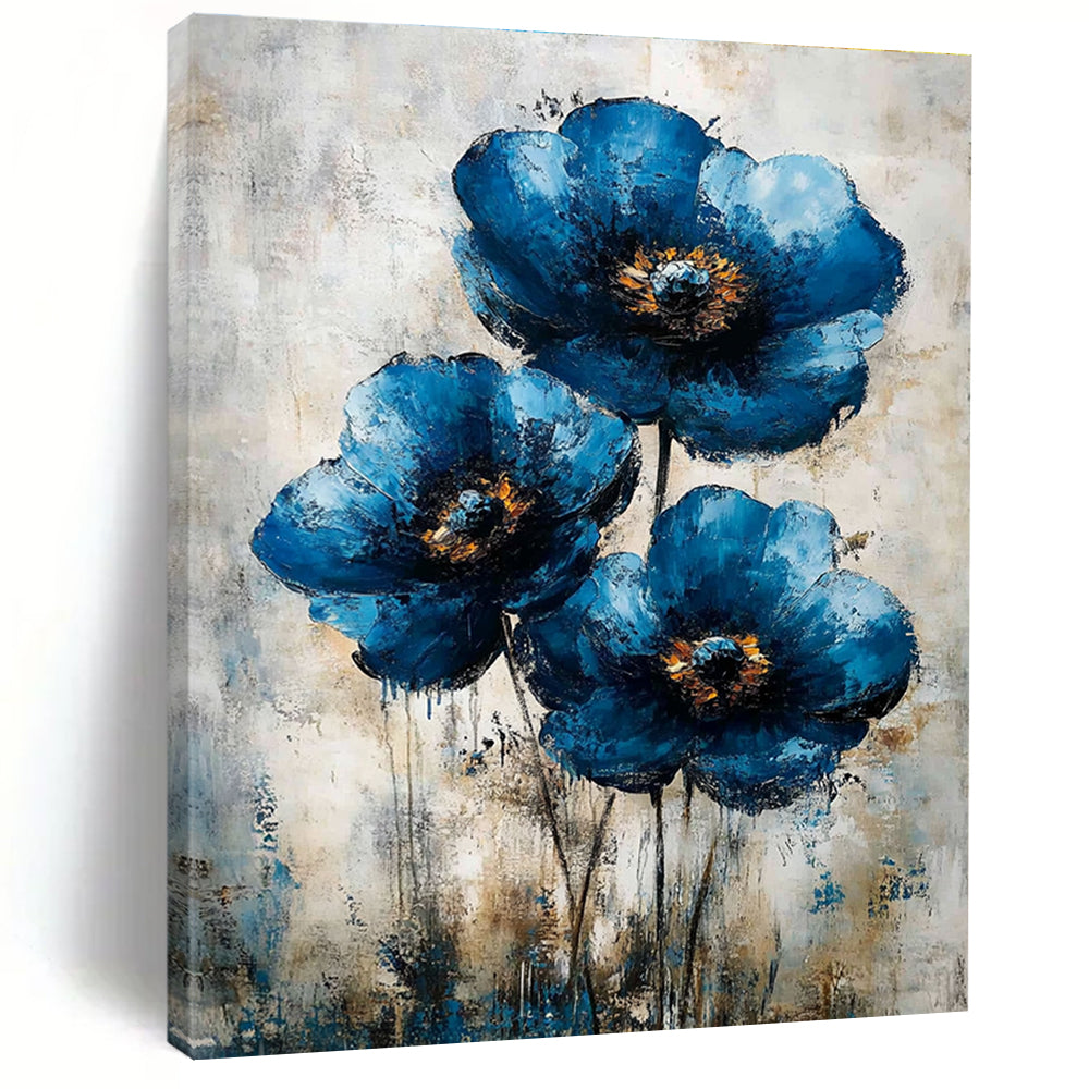 Abstract Blue Flower Painting features vintage flowers art on canvas perfect for enhancing your wall decor and creating a serene atmosphere.STSC040