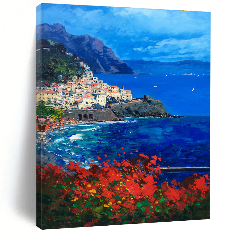 Coastal Village Abstract Painting with Blue and Red Tones ADGE533