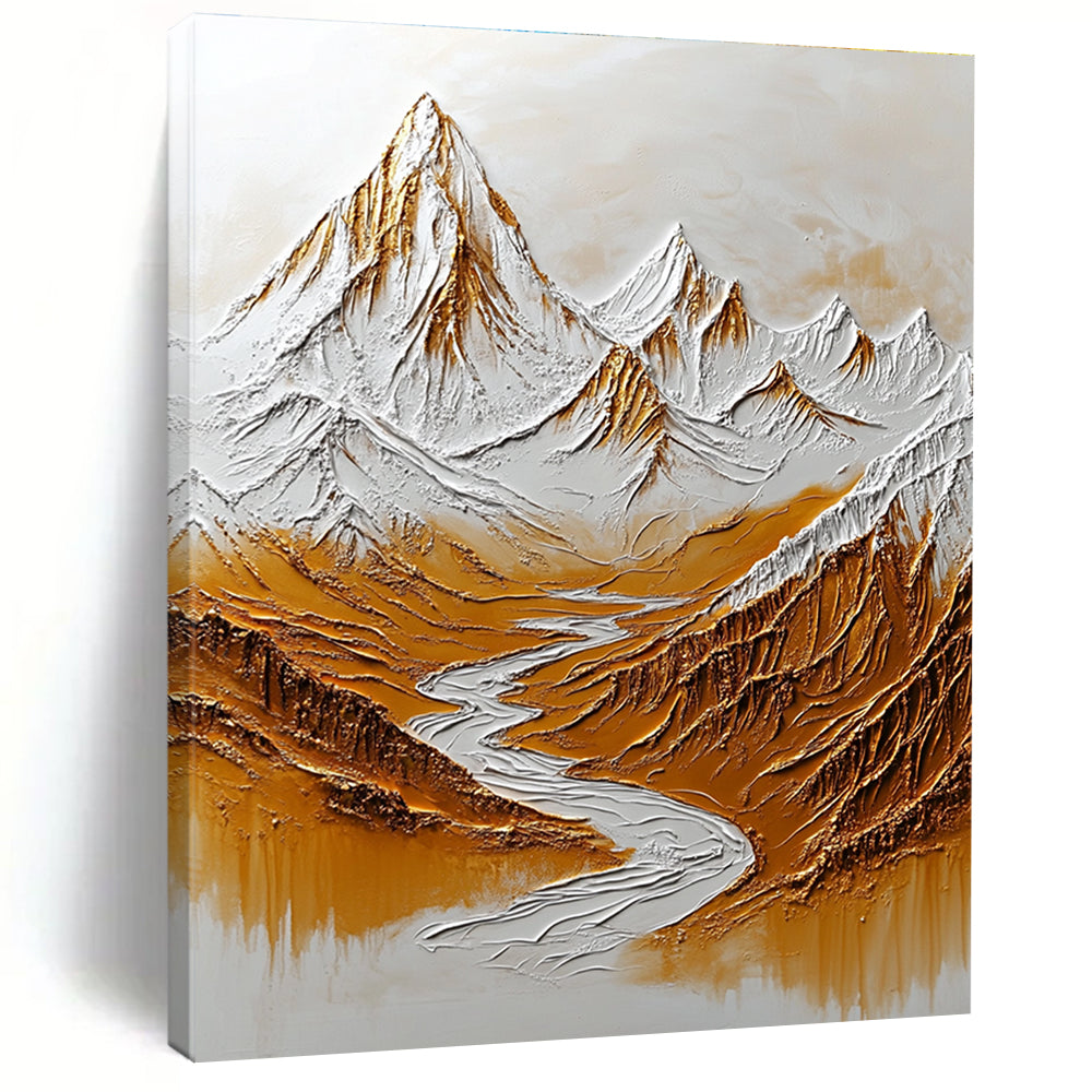 Large abstract painting of the Himalayas featuring snow-capped peaks and flowing rivers in warm tones for added depth and texture on a white background.STSC003
