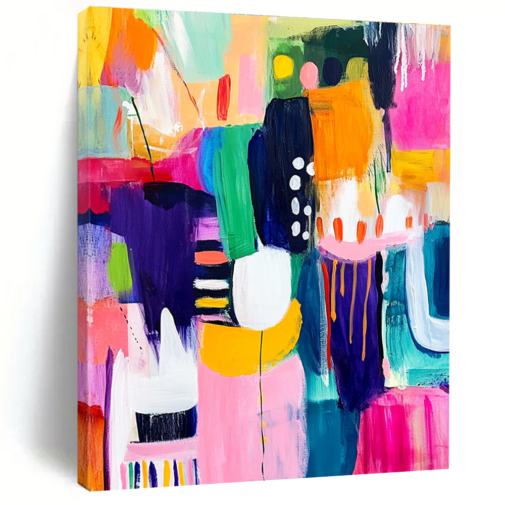 A large abstract painting bursting with vibrant colors and dynamic shapes representing happiness creativity and playful celebration in an art gallery setting.STSC1219