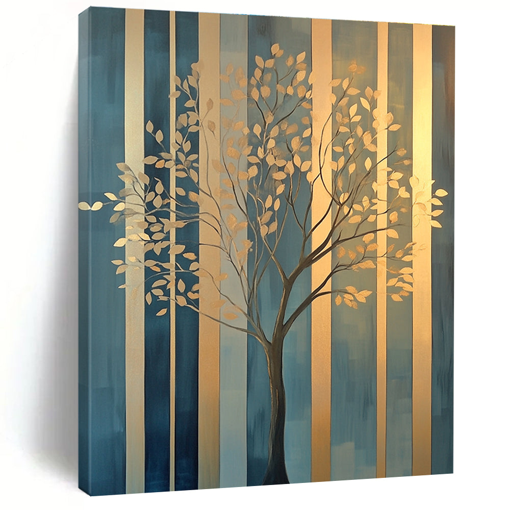Large abstract painting featuring elegant gold tree branches against geometric blue green patterns with soft edges and a warm glow on canvas.STSC1117