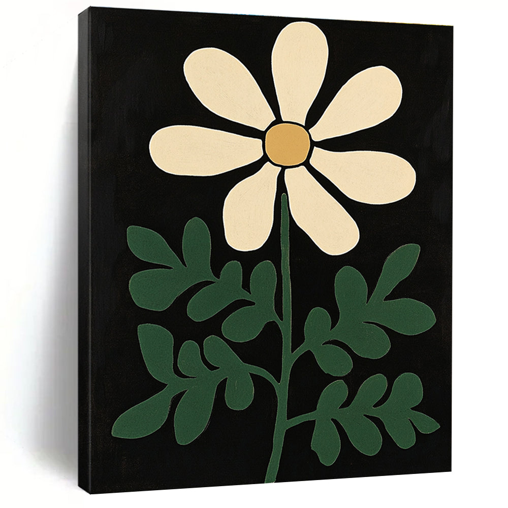 Large abstract painting featuring green fern and white flower on a black background inspired by the styles of Henri Matisse and Bob Staake.STSC1300