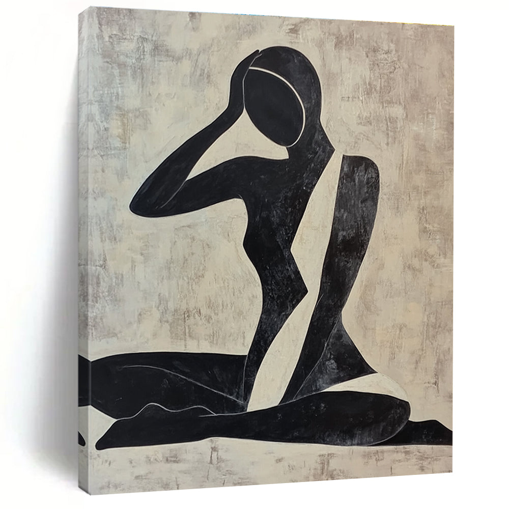 Large abstract painting of a woman doing yoga featuring simple shapes and lines in black and white against a dark clean background.STSC012