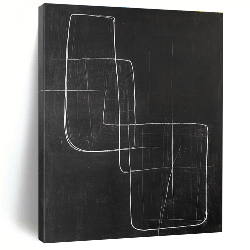 Large abstract drawing featuring a square and an abstract chair in white lines on black paper, minimalist style with a dark background.STSC1185