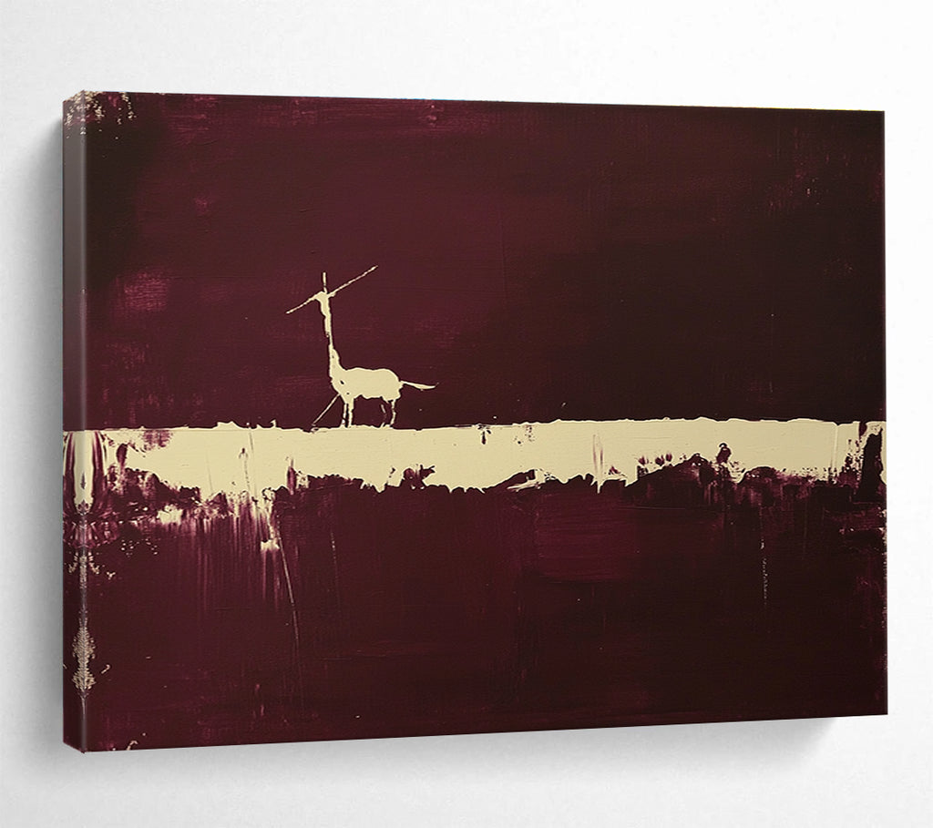 Large abstract painting featuring a minimalistic animal silhouette against a dark maroon backdrop with a striking white line drawing.SC094