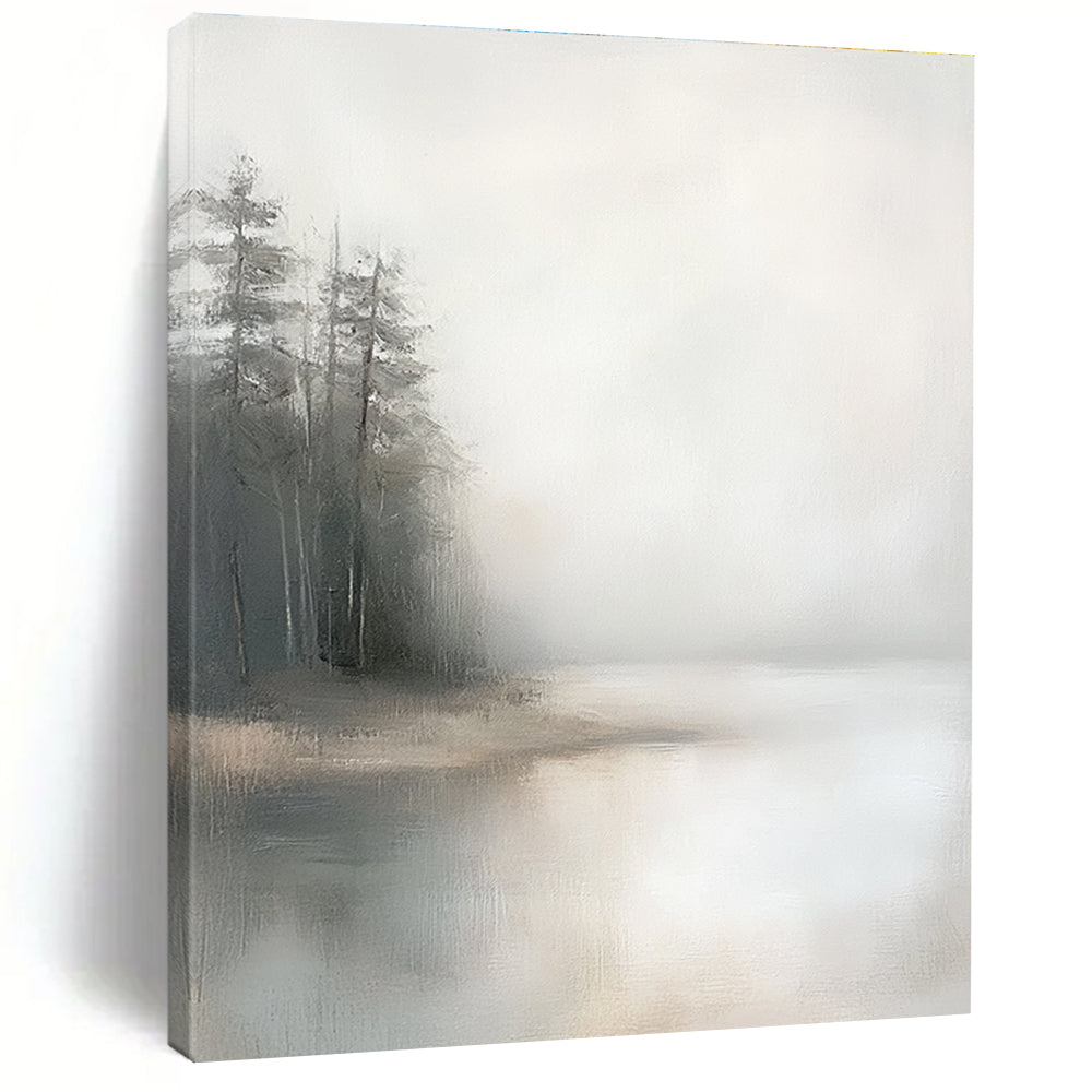 Large abstract painting featuring a minimalist composition with a foggy sky muted colors and distant pine trees on oil linen canvas.STSC089