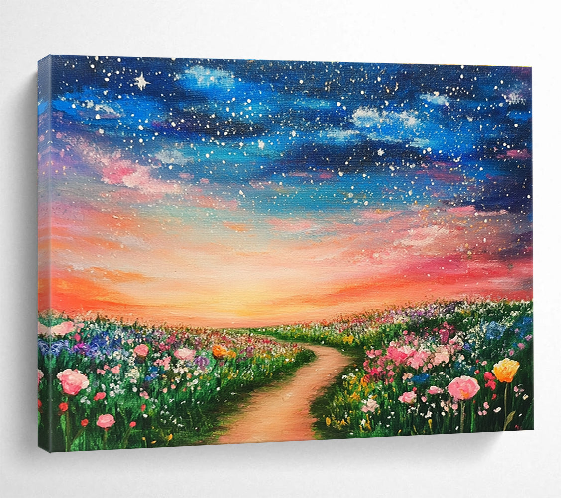 A large abstract painting of a dreamy field adorned with colorful flowers under a starry sky and a pink sunset, evoking a magical atmosphere.SC397
