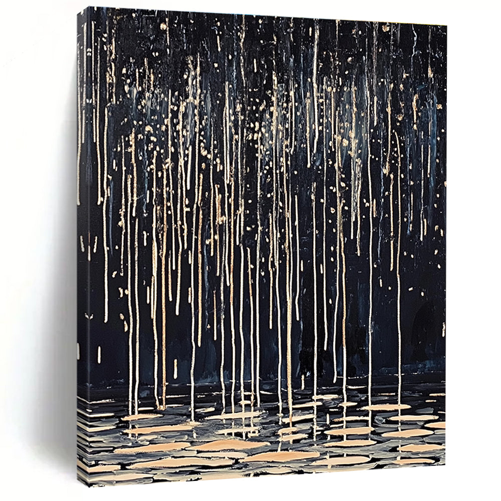 Abstract painting of dark rain with white and beige lines drips on water ripples using oil on canvas showcasing delicate textures and high-definition details.STSC1124