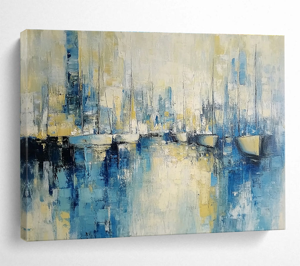 Abstract Harbor Scene Painting with Blue and Yellow Tones DYP513