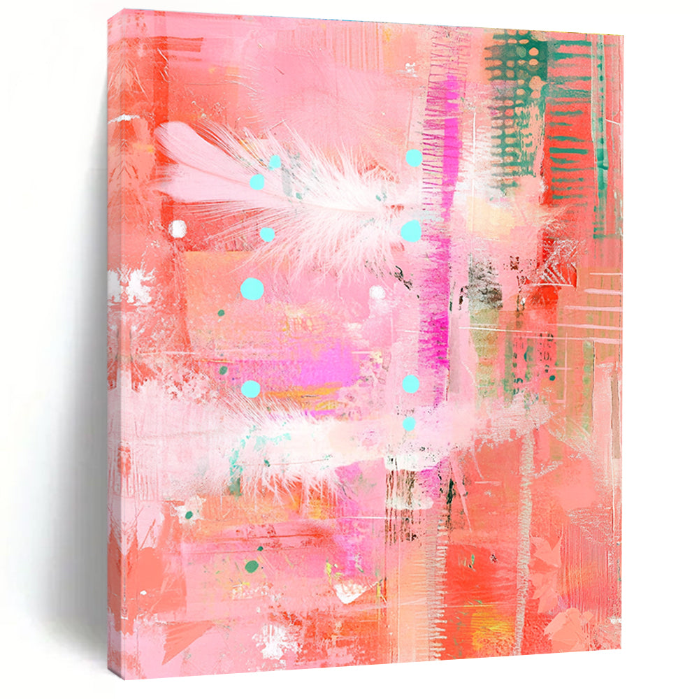Large abstract painting featuring pastel pinks and reds with feathers dots and lines in a mixed media collage style on a textured pink background.STSC455