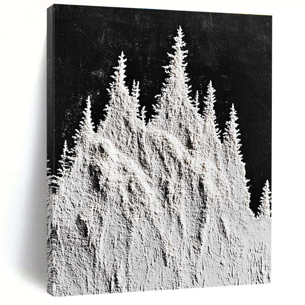 Large abstract painting featuring snow-capped mountain peaks and trees in white powder on a textured black background.STSC1488