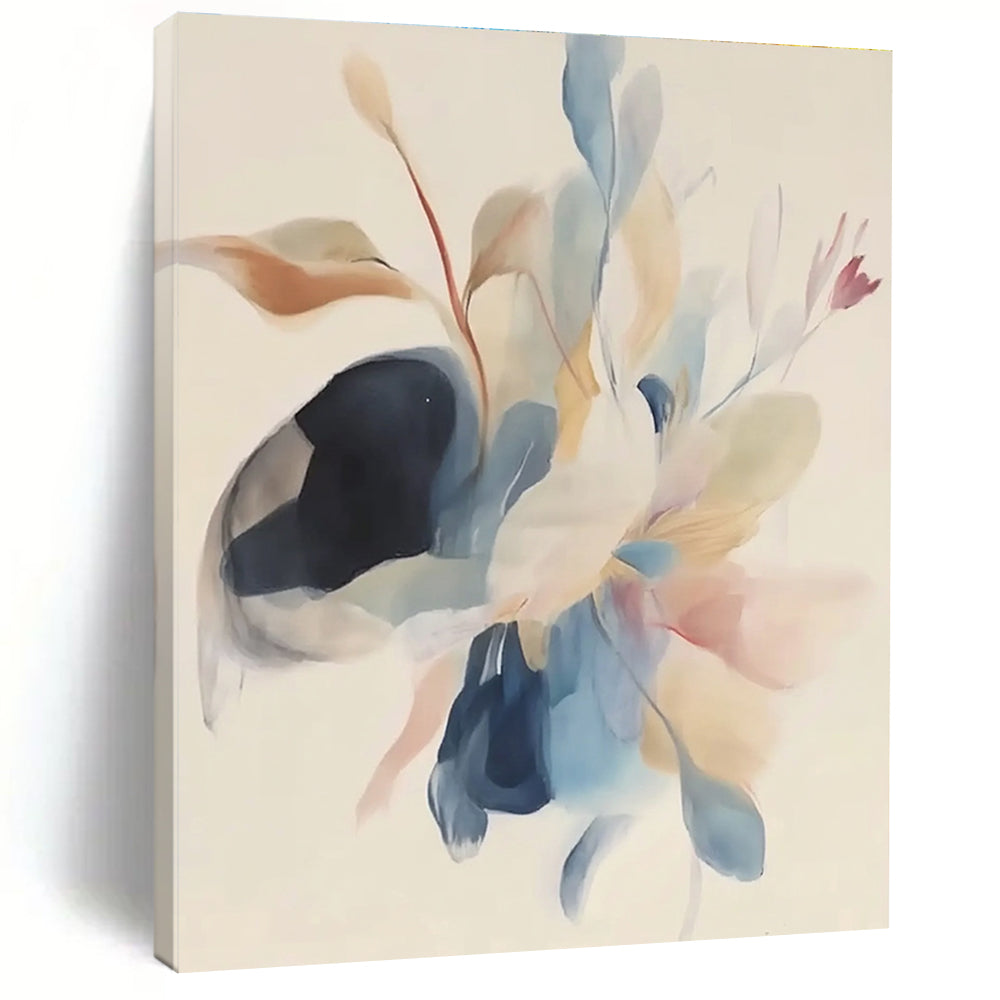 Abstract painting featuring soft watercolor in pastel colors with minimalistic floating bird wings and flowers on a white background.STSC482
